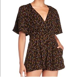 Free People Black and Colorful Floral Patterned Button Detailed Flowy Romper